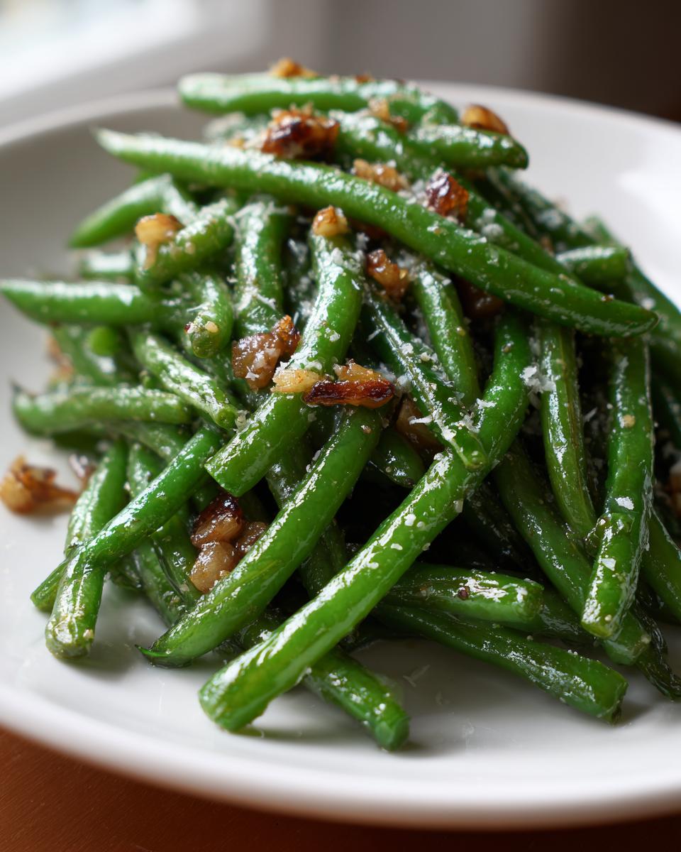 Close-up of bright green beans tossed in garlic butter, topped with toasted nuts and grated cheese.