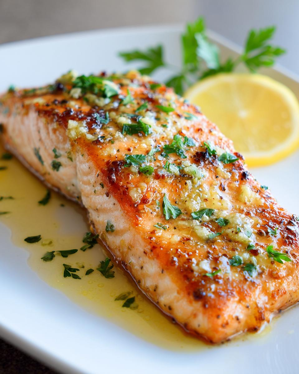 Close-up of a perfectly cooked garlic butter salmon recipe fillet topped with herbs and served with a lemon slice.
