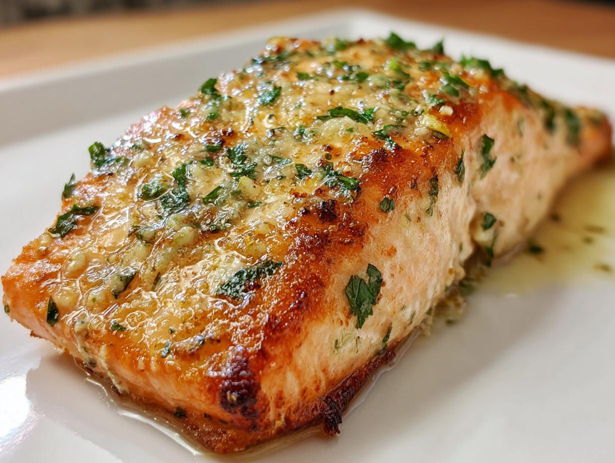 Close-up of a beautifully seared salmon recipe fillet topped with melted garlic butter and fresh parsley.