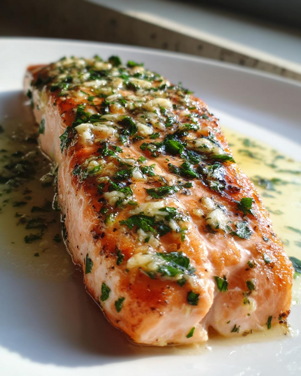 Close-up of a perfectly cooked salmon recipe fillet topped with melted garlic butter and fresh parsley.