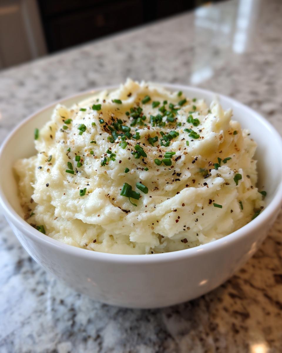 A white bowl filled with creamy garlic mashed potatoes, topped with fresh chives and cracked black pepper.