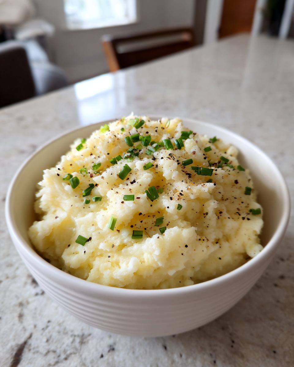 A white bowl filled with fluffy garlic mashed potatoes, topped generously with chopped chives and cracked black pepper.