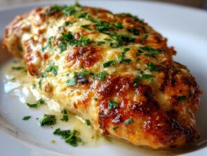 Close-up of a juicy Garlic parmesan chicken bake topped with melted, browned cheese and fresh parsley.