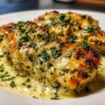 Close-up of two golden-brown chicken breasts covered in creamy sauce and fresh parsley, part of a garlic parmesan chicken bake.
