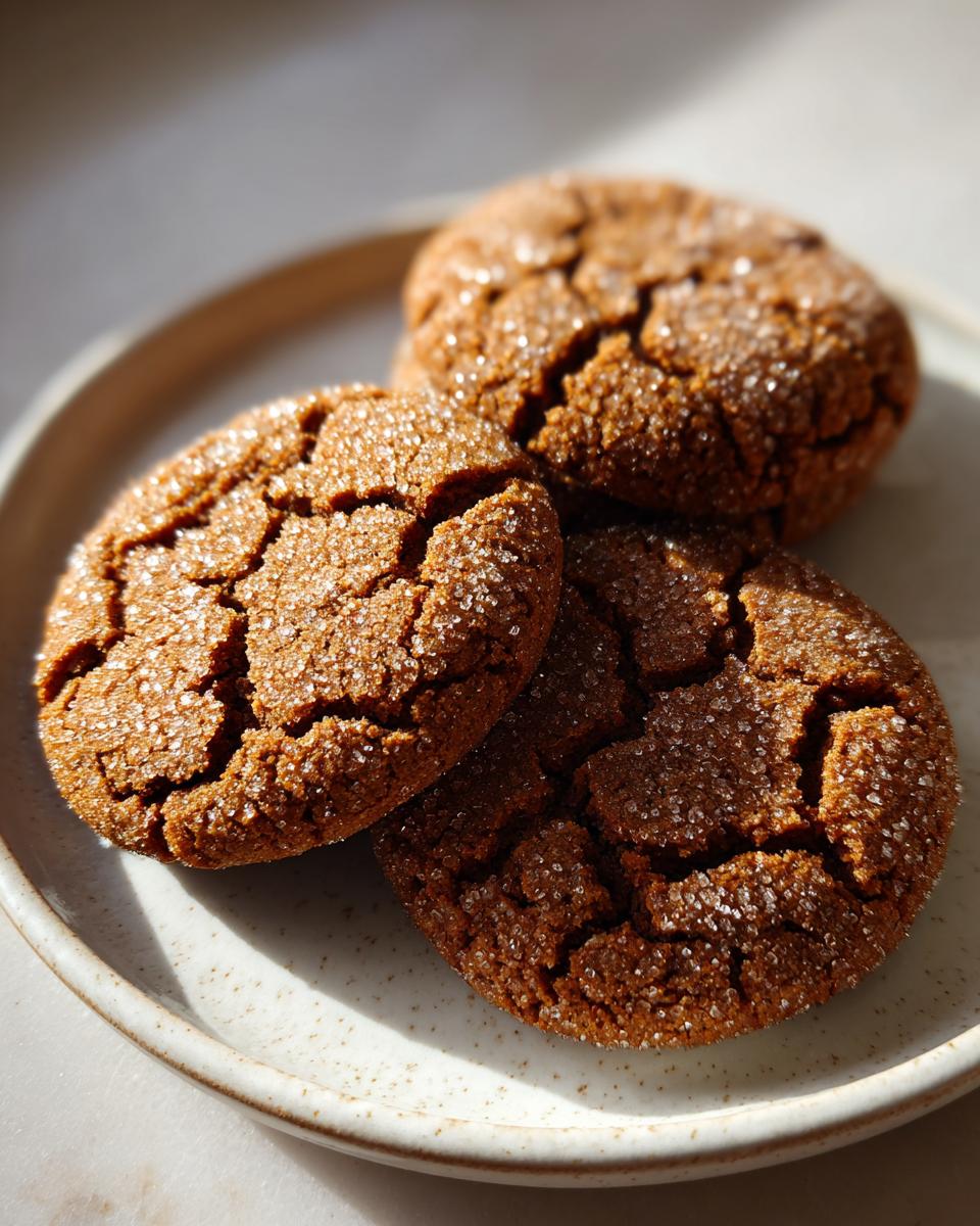 Three chewy ginger molasses cookies covered in sparkling sugar crystals resting on a light ceramic plate.