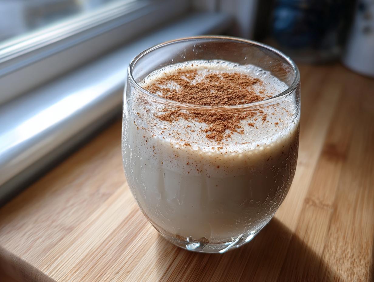 A glass of creamy, chilled coquito recipe topped generously with ground cinnamon, sitting on a wooden surface.