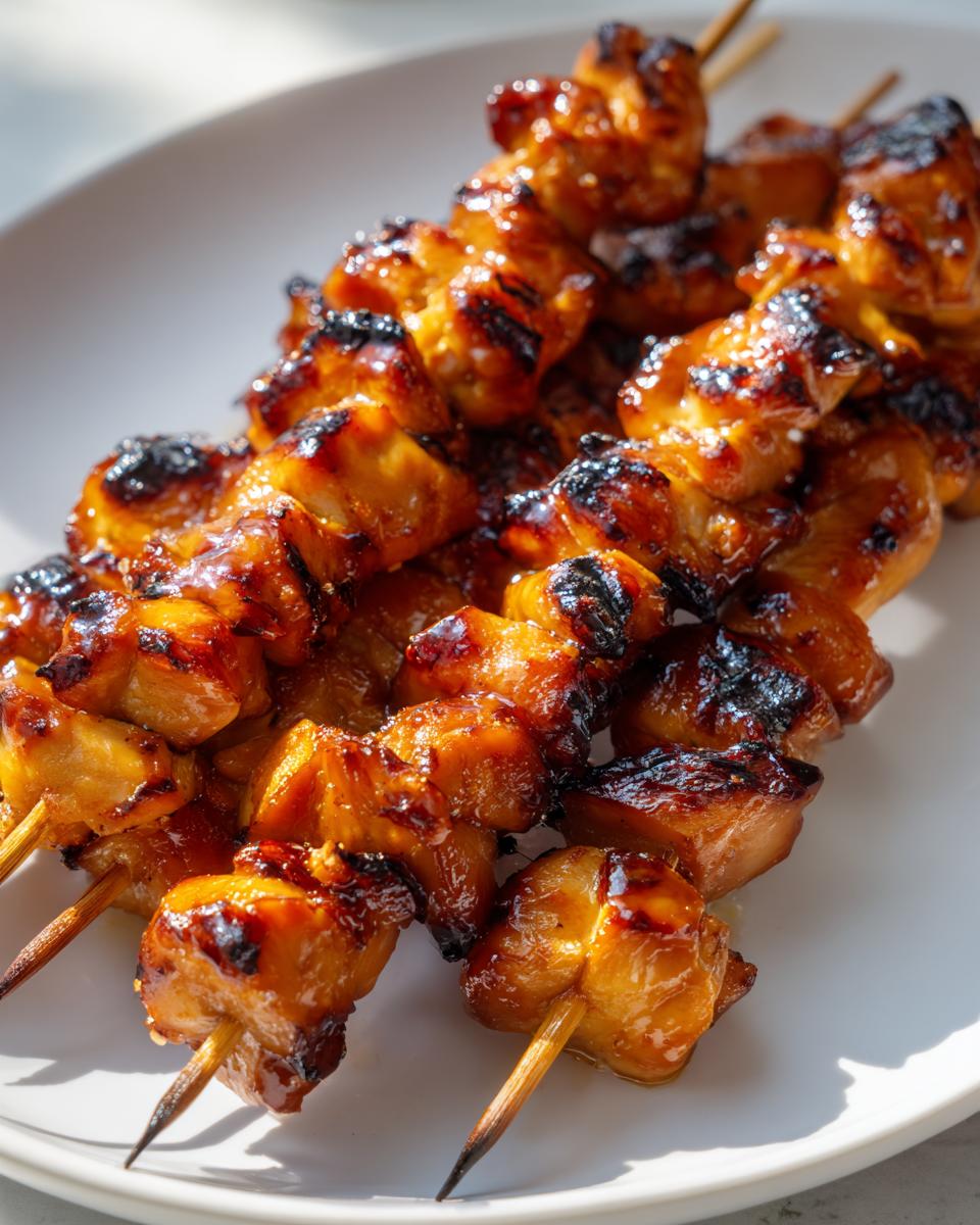 Close-up of several perfectly grilled, glazed chicken skewers resting on a white plate, showing caramelized edges.
