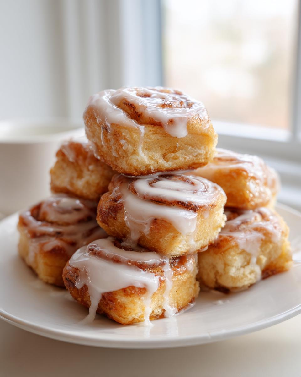 A stack of fluffy, glazed cinnamon roll bites piled high on a white plate.