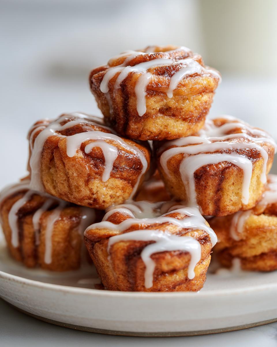 A tempting stack of golden brown cinnamon roll bites drizzled generously with white icing.