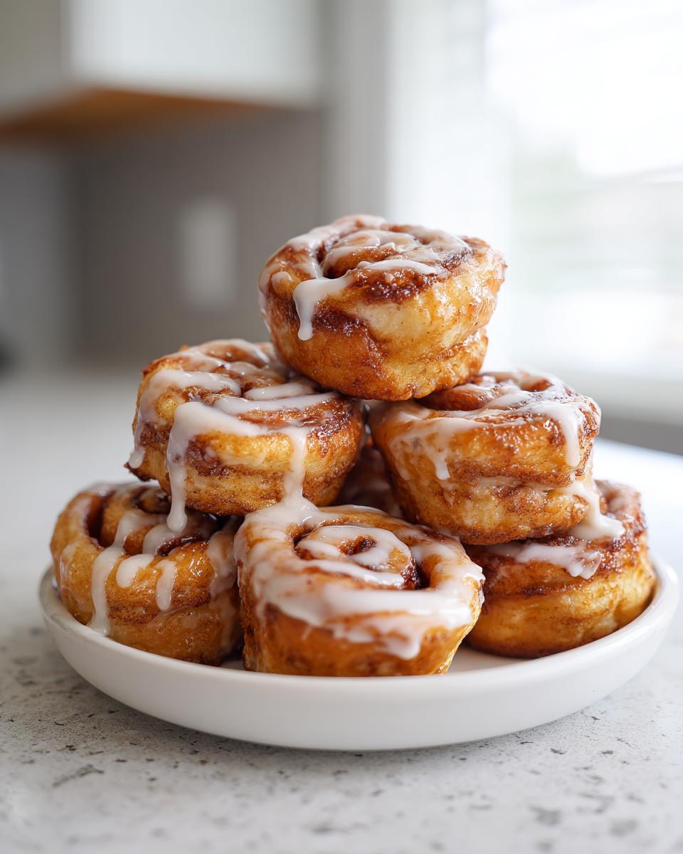 A stack of warm, golden brown cinnamon roll bites drizzled generously with white icing.