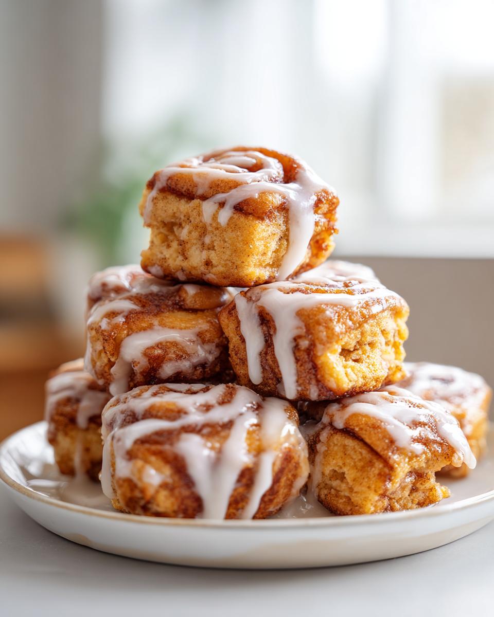 A close-up stack of freshly baked, gooey cinnamon roll bites drizzled generously with white icing.
