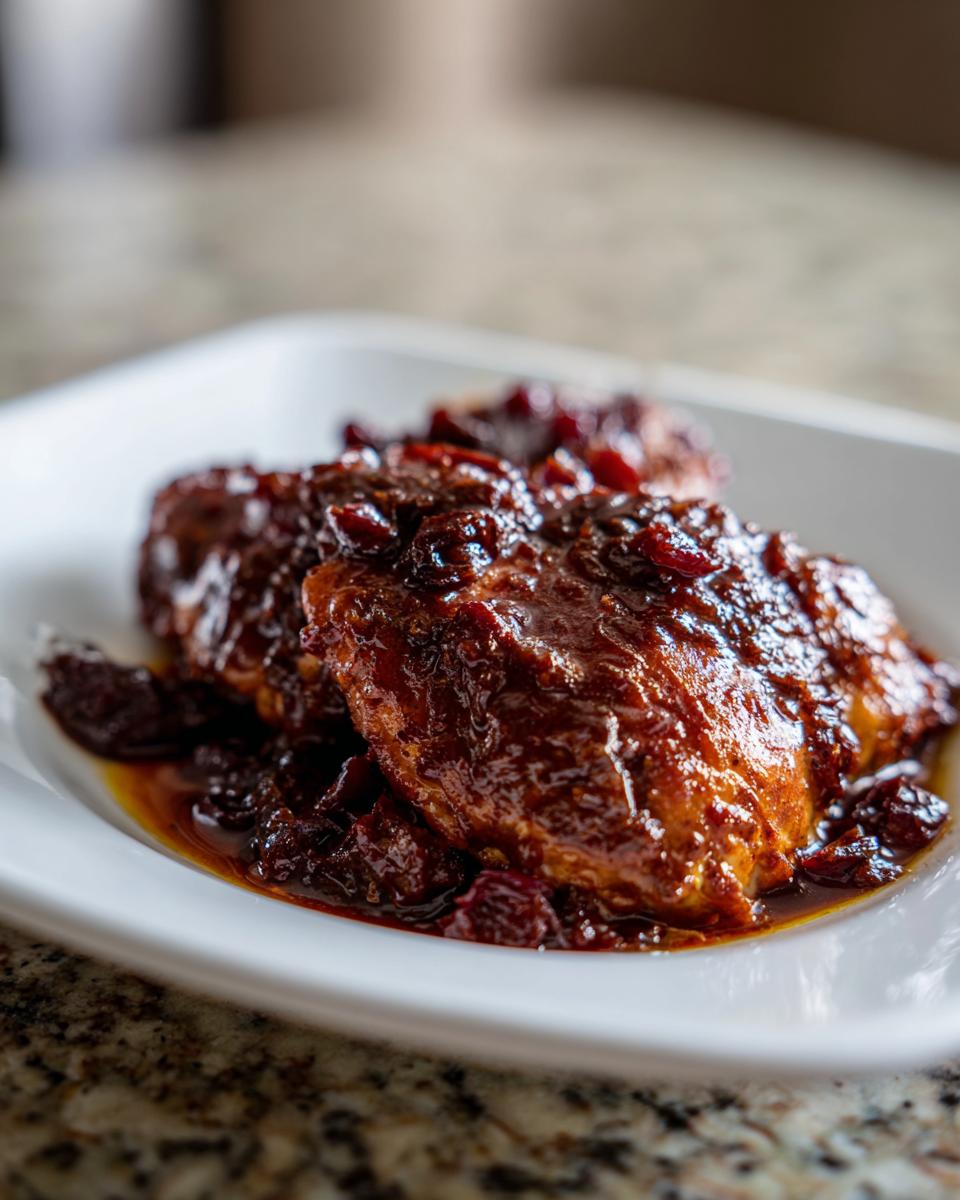 Close-up of rich, dark glazed cranberry chicken pieces served on a white rectangular plate.