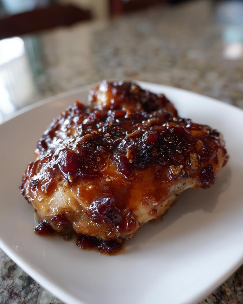 A close-up of tender cranberry chicken coated in a thick, glossy, dark red cranberry glaze, served on a white square plate.