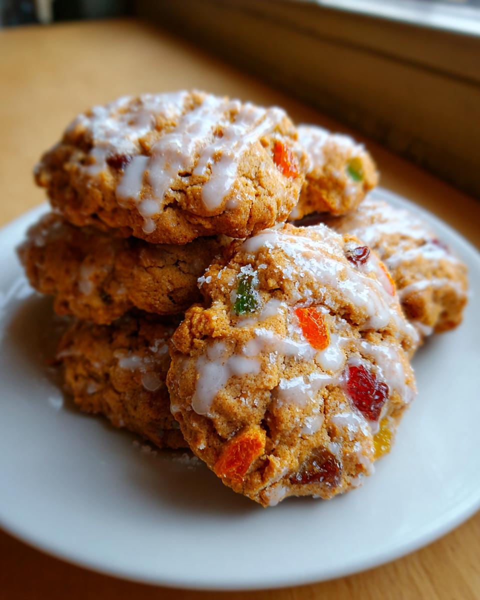 A stack of delicious fruitcake cookies topped with white glaze and visible colorful candied fruit pieces.