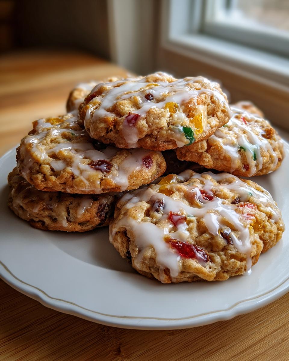 A stack of delicious fruitcake cookies drizzled with white icing, featuring colorful candied fruit pieces.