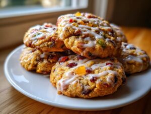 A stack of delicious fruitcake cookies drizzled with white icing, featuring colorful candied fruit pieces.