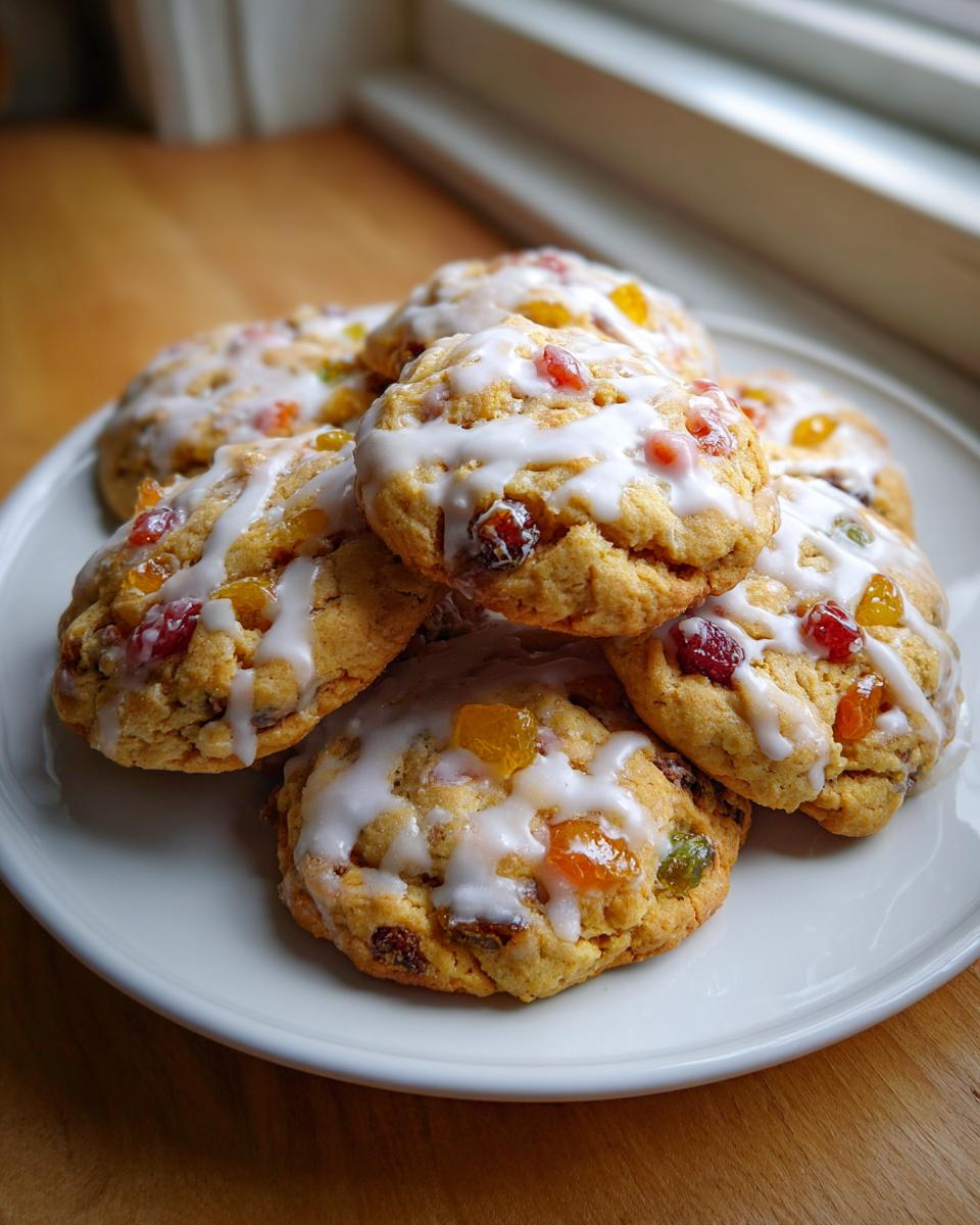 A stack of delicious fruitcake cookies topped with white icing and colorful candied fruit pieces.