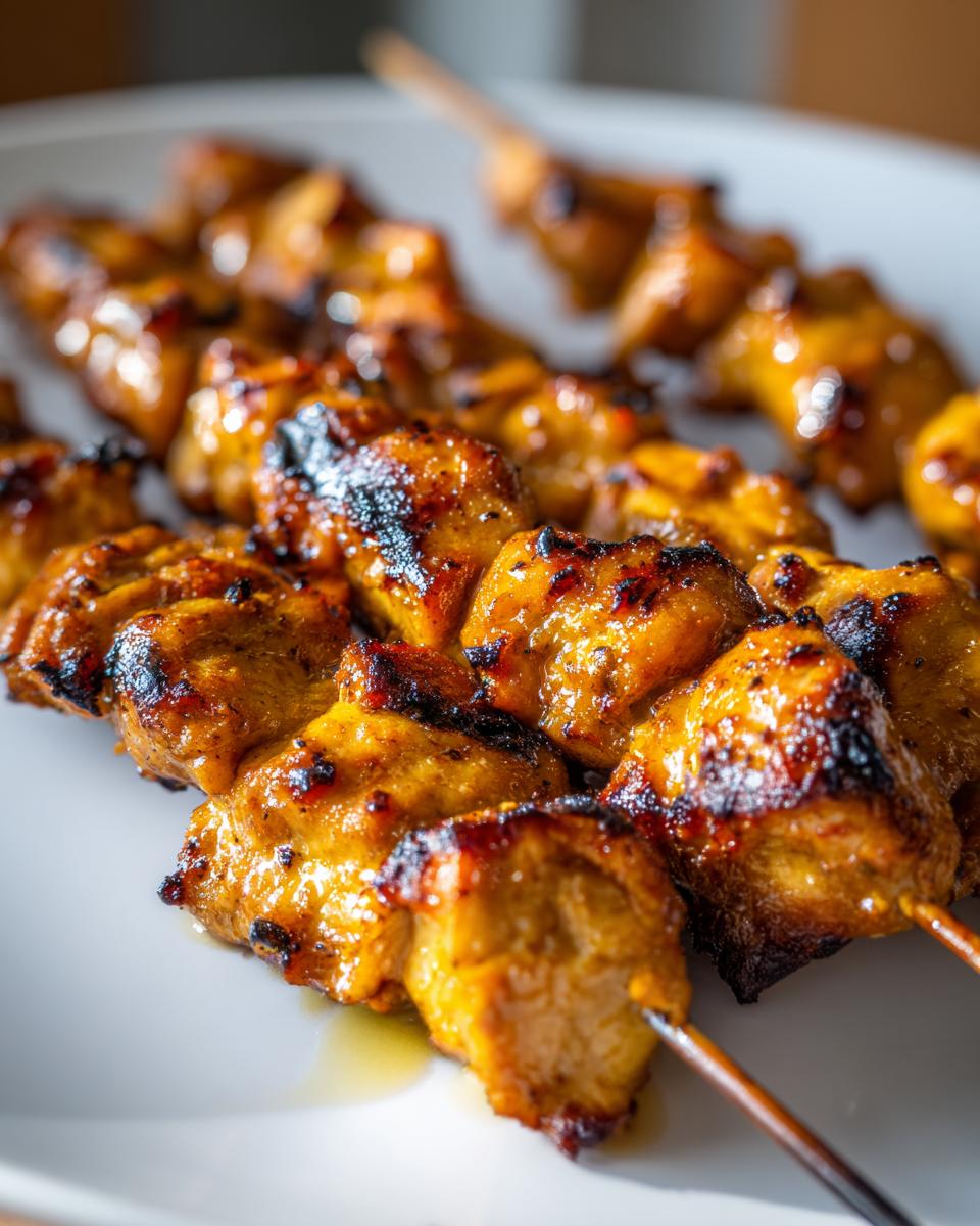 Close-up of several glistening, golden-brown chicken skewers with charred edges on a white plate.