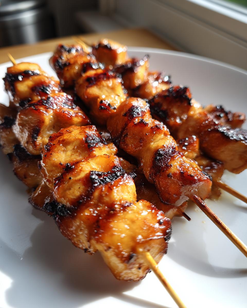 Close-up of perfectly grilled and glazed chicken skewers resting on a white plate, showing char marks.