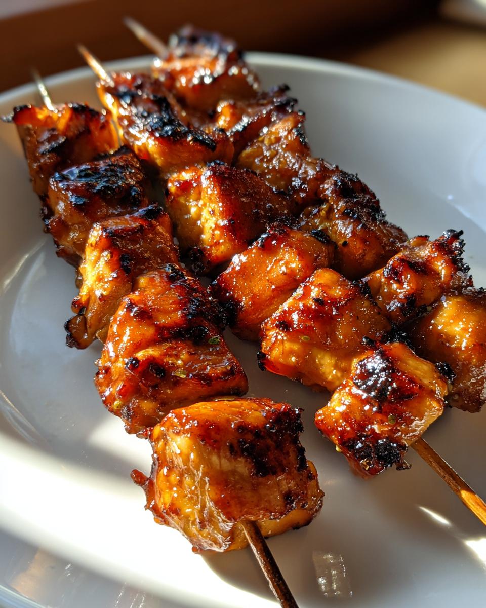 Close-up of perfectly grilled, glazed chicken skewers resting on a white plate, showing char marks.