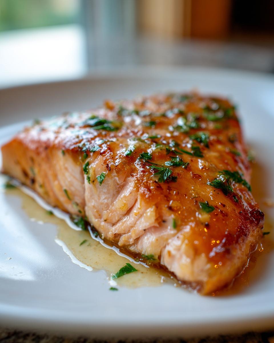 Close-up of a perfectly cooked, glazed salmon recipe fillet topped with fresh green parsley on a white plate.