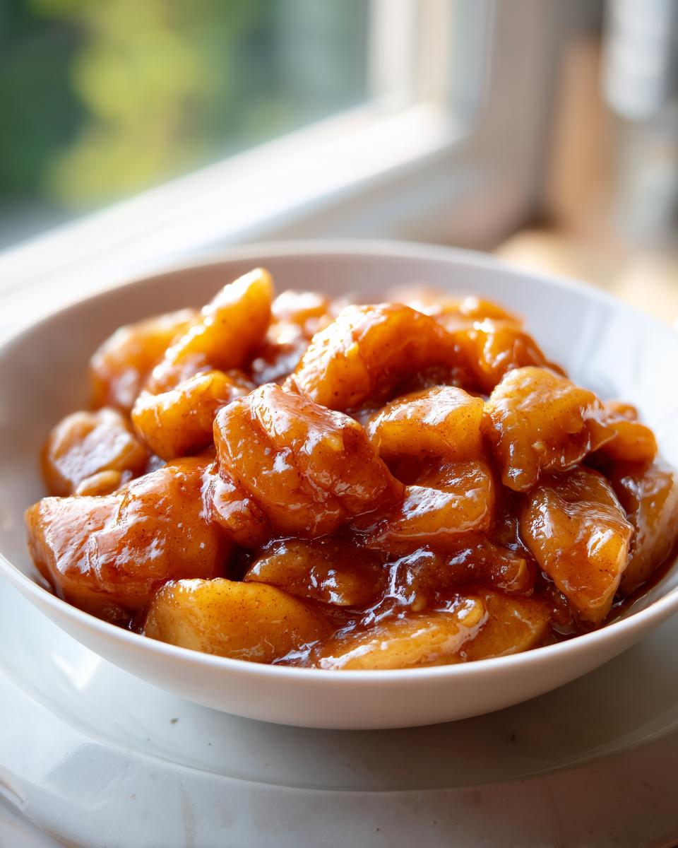 A white bowl filled with thick, glossy, spiced apple pie filling, ready to be used in a dessert.