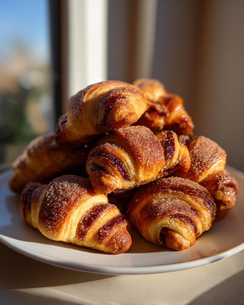 A stack of freshly baked, golden brown Rugelach pastries sprinkled with sugar, sitting on a white plate.