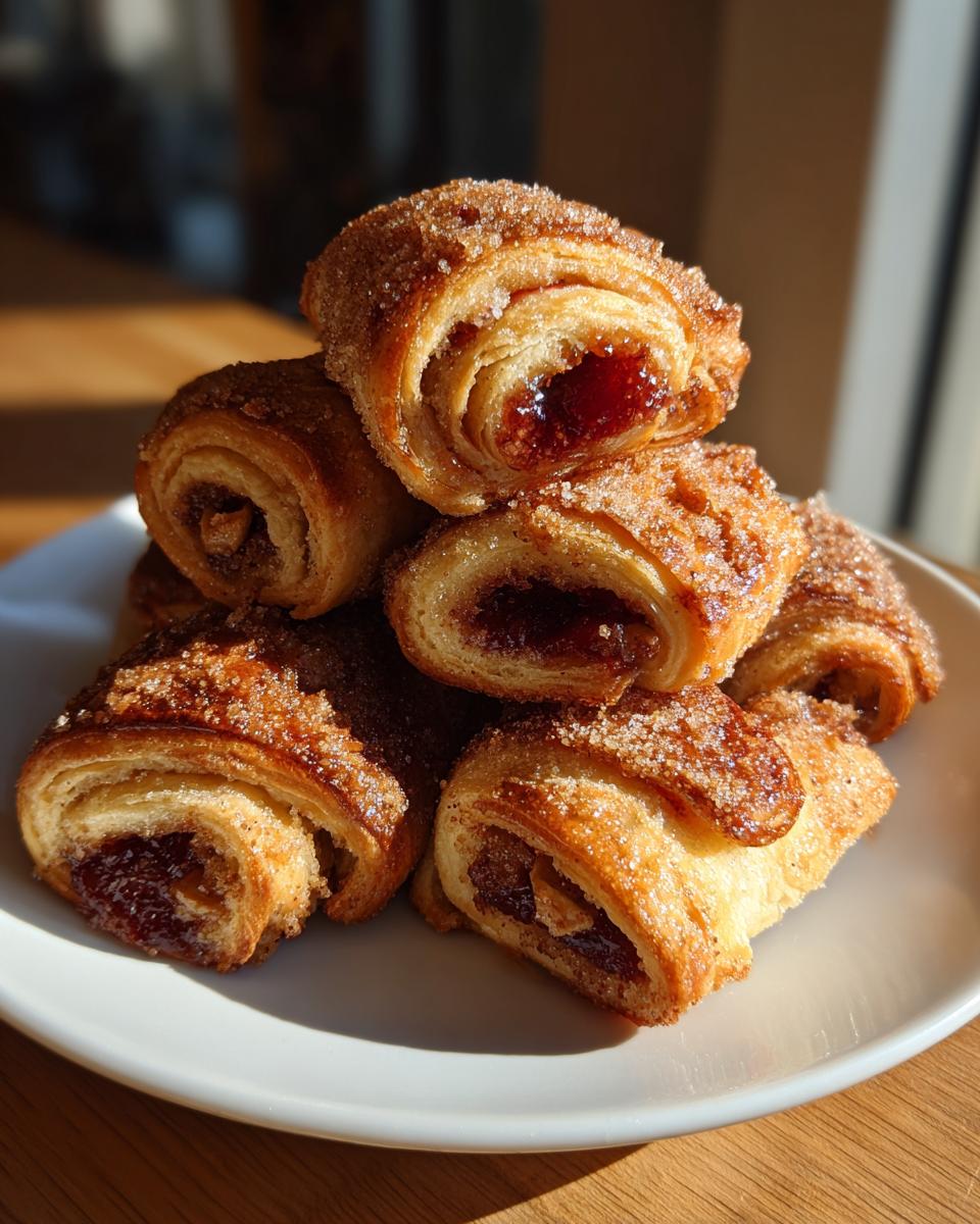 A stack of freshly baked, golden brown Rugelach pastries dusted with sugar, showing a rich jam filling inside.