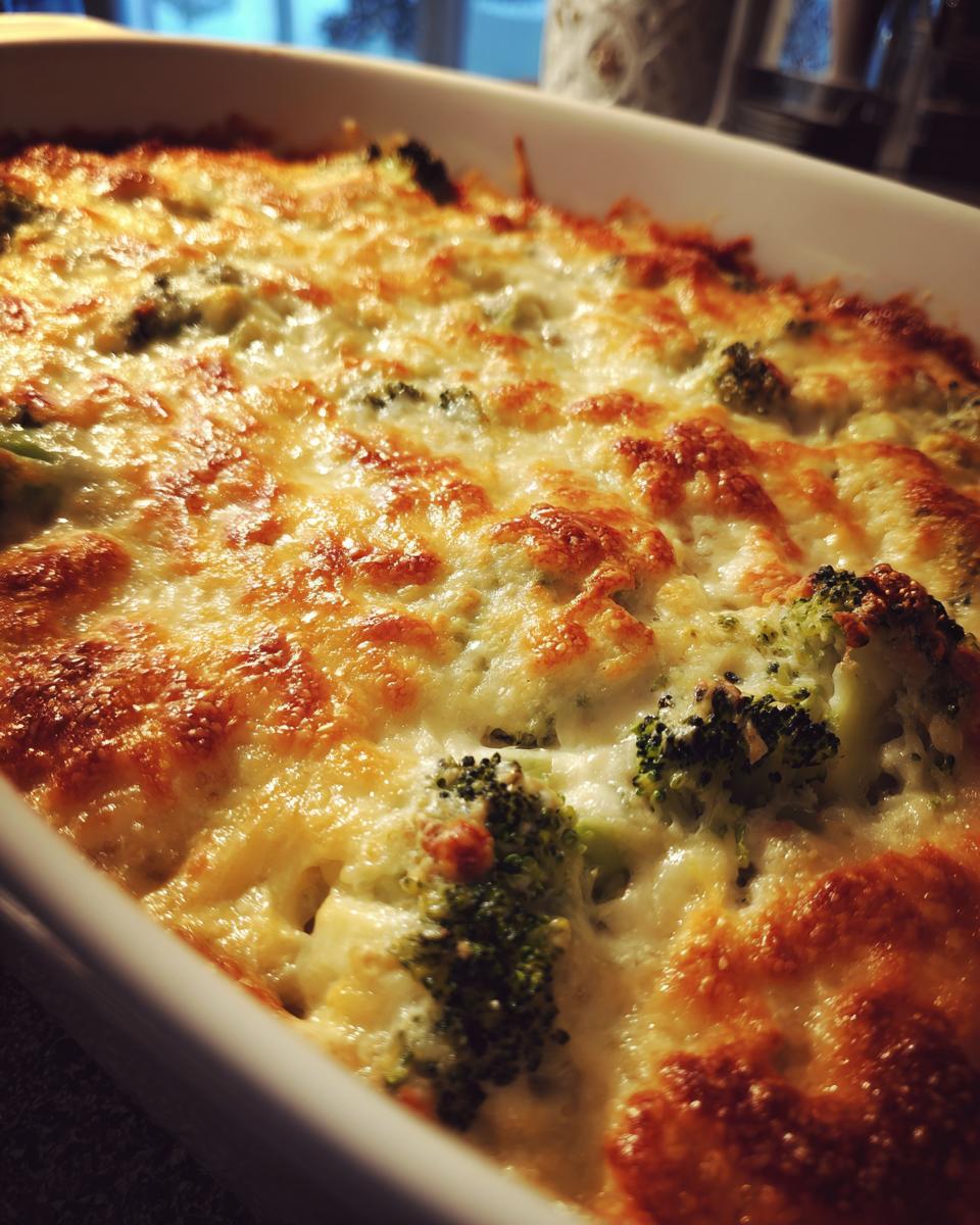 Close-up of a baked broccoli casserole with a bubbly, golden brown melted cheese topping.