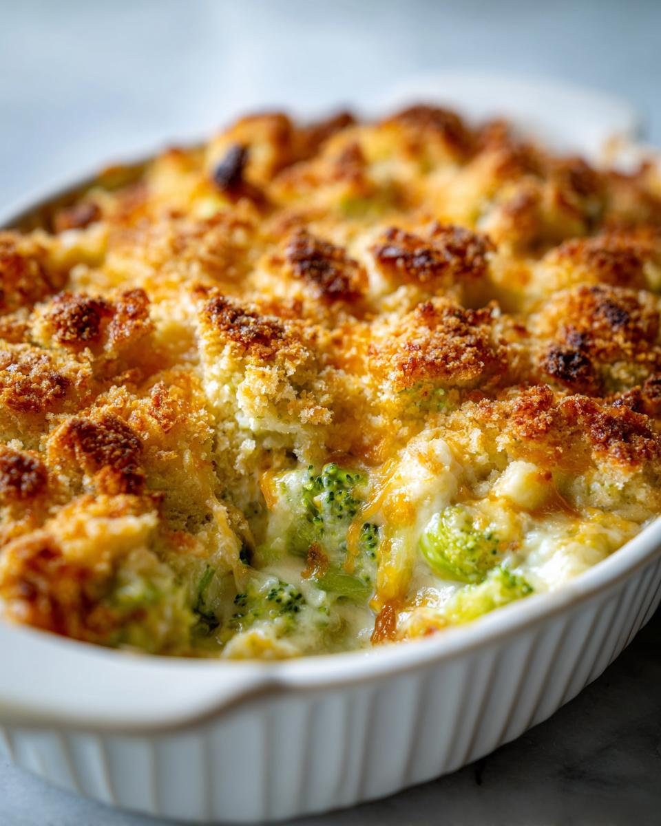 Close-up of a baked broccoli cheese casserole with a creamy interior and a golden, crunchy breadcrumb topping.