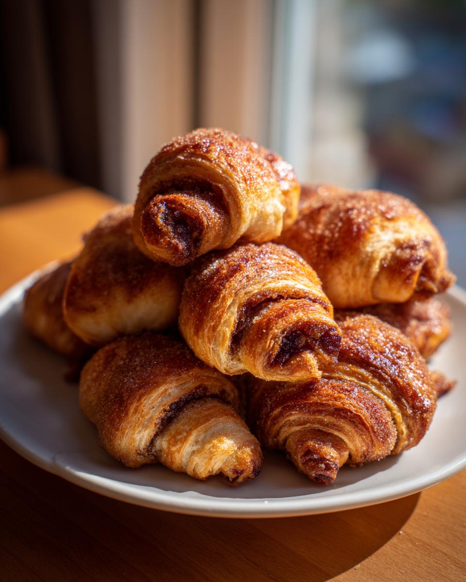 A close-up stack of freshly baked, golden brown Rugelach dusted with cinnamon sugar on a white plate.