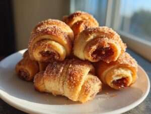 A stack of freshly baked Rugelach pastries coated in cinnamon sugar, showing a jam filling.
