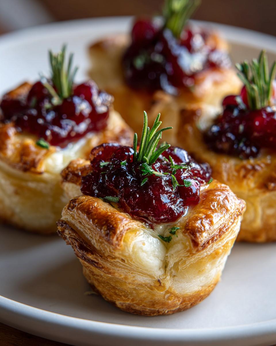 Close-up of flaky pastry cups filled with melted brie and topped with cranberry sauce and rosemary, showcasing delicious cranberry brie bites.