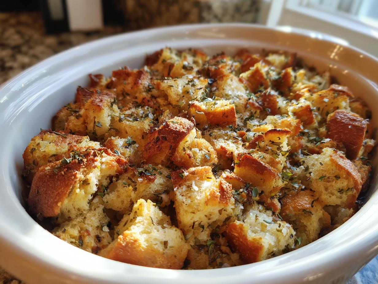 Close-up of golden brown, herbed bread cubes in a white dish, showcasing the finished crock pot stuffing.
