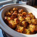 Close-up of golden brown, herb-topped bread cubes in a white crock pot stuffing.