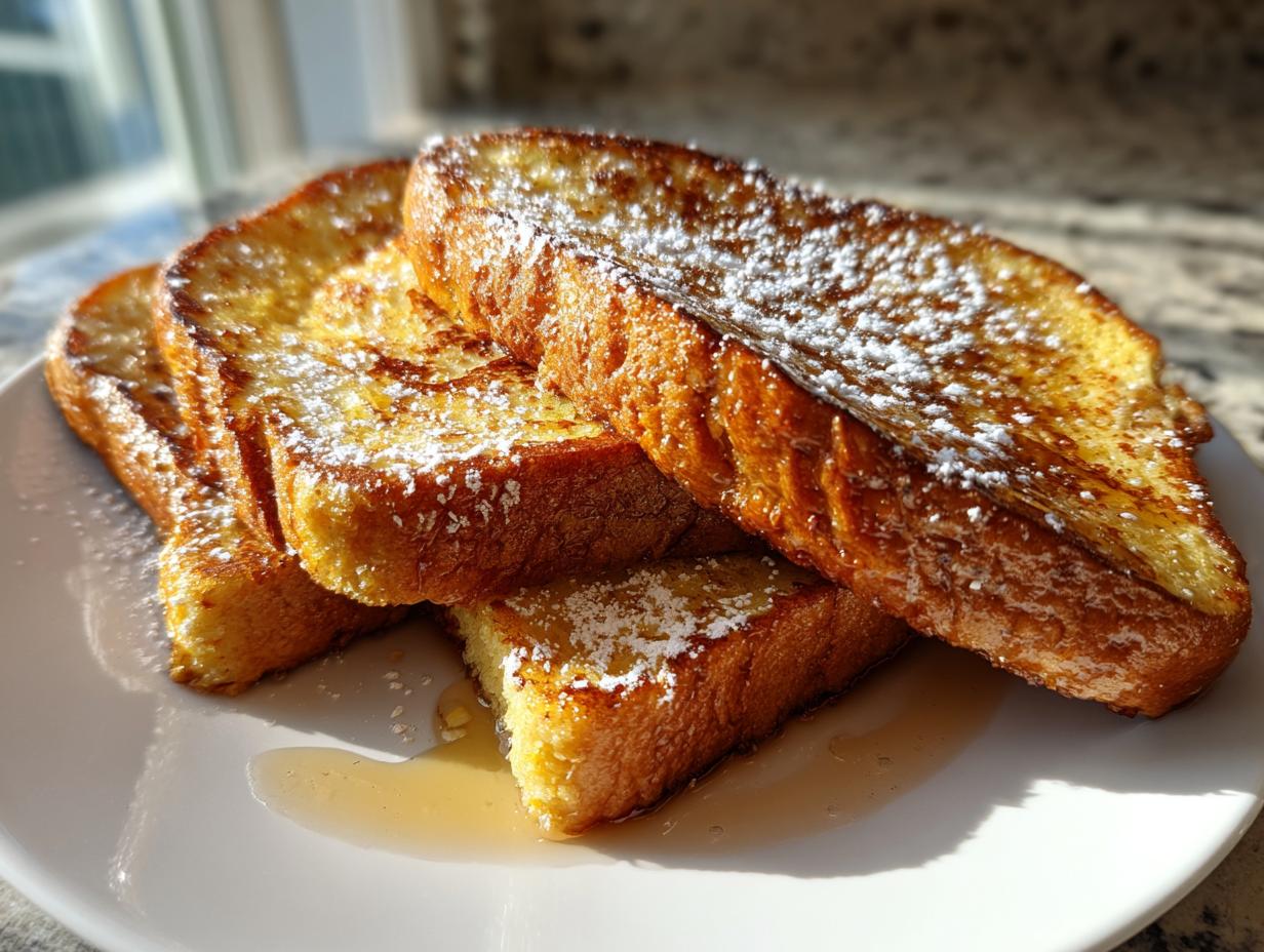 Close-up of golden brown easy french toast stacked on a white plate, dusted with powdered sugar and drizzled with syrup.