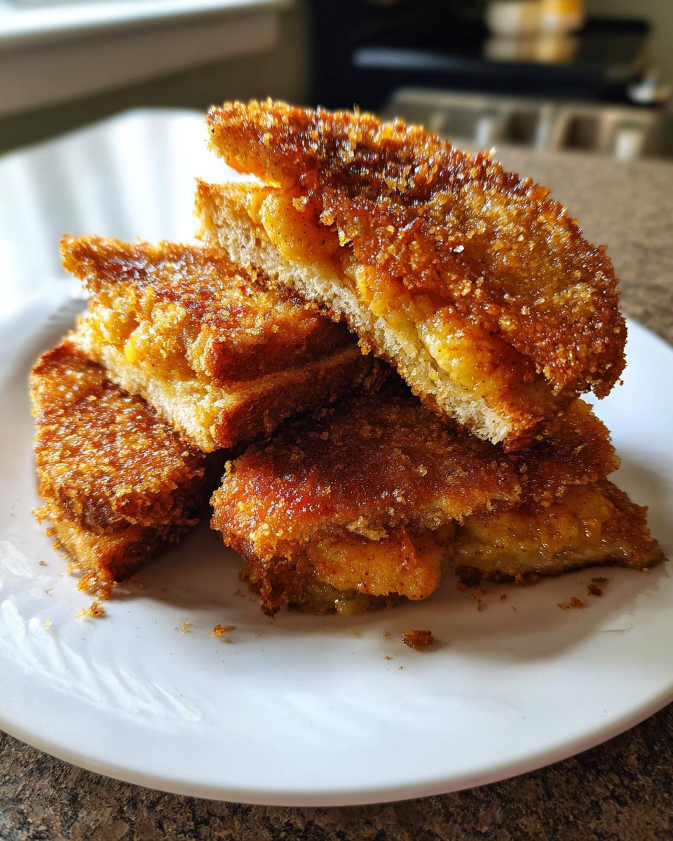 A stack of golden brown, crispy fried shrimp toast pieces piled high on a white plate.