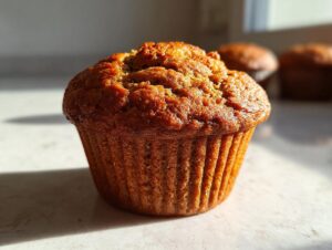 A close-up of a freshly baked, golden brown honey bran muffin sitting on a light surface with sunlight highlighting its texture.