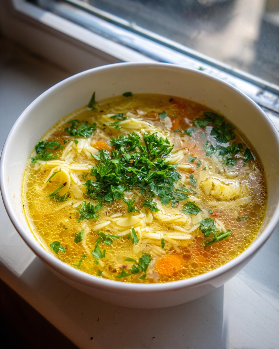 A close-up of a white bowl filled with steaming, golden pastina soup, topped generously with fresh parsley.