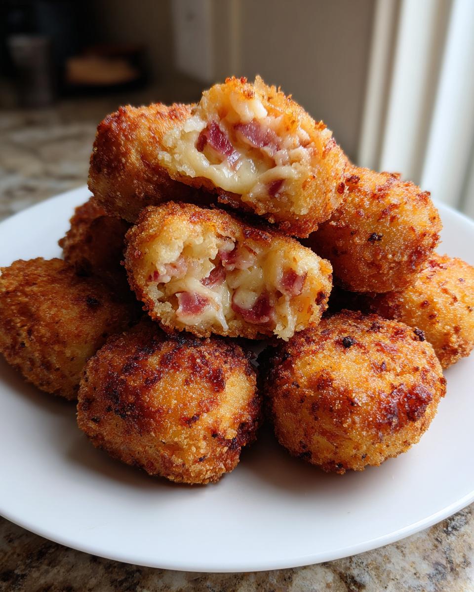 A stack of golden brown, deep-fried potato croquettes, with one cut open revealing a melted cheese and bacon filling.