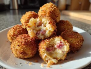 Close-up of several golden brown potato croquettes, one cut open revealing a creamy, cheesy filling with diced ham.