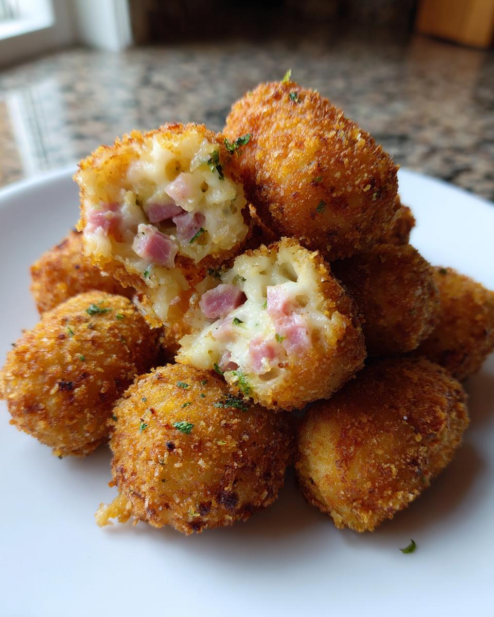A pile of golden brown, crispy potato croquettes, one cut open revealing ham and creamy filling.