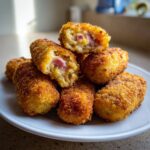A stack of golden brown, crispy potato croquettes, one cut open to show a creamy filling with bits of ham.