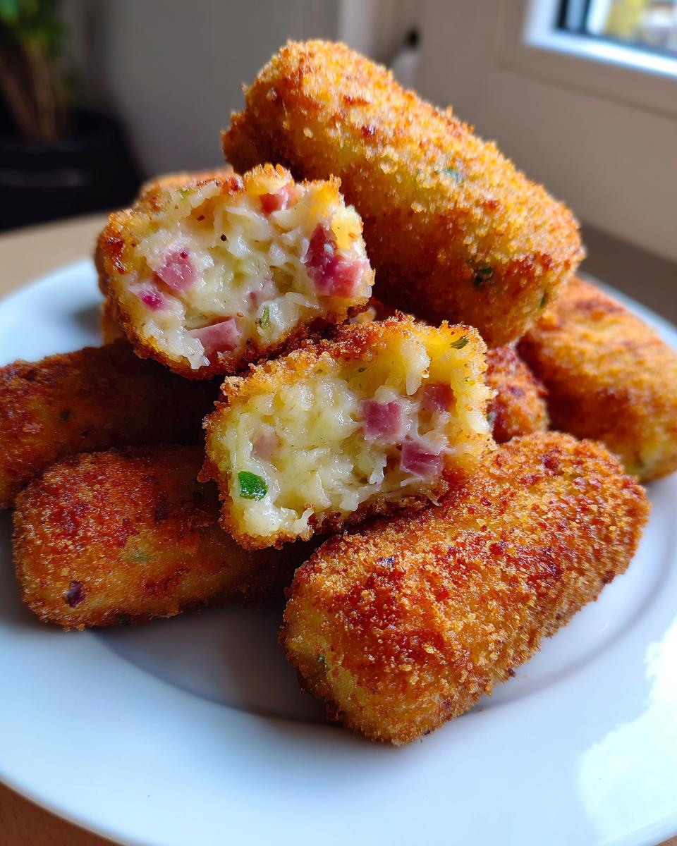 Close-up of golden brown potato croquettes, one split open revealing a creamy filling with ham pieces.