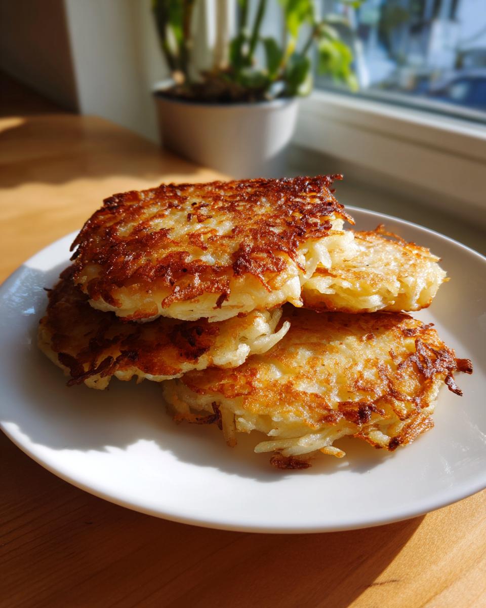 A stack of three crispy, golden brown potato latkes resting on a white plate, illuminated by sunlight.