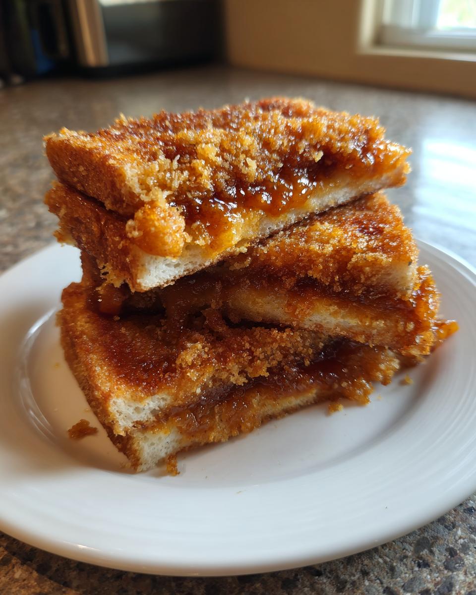 A stack of three golden brown, fried shrimp toast pieces, showing the crispy coating and savory filling.