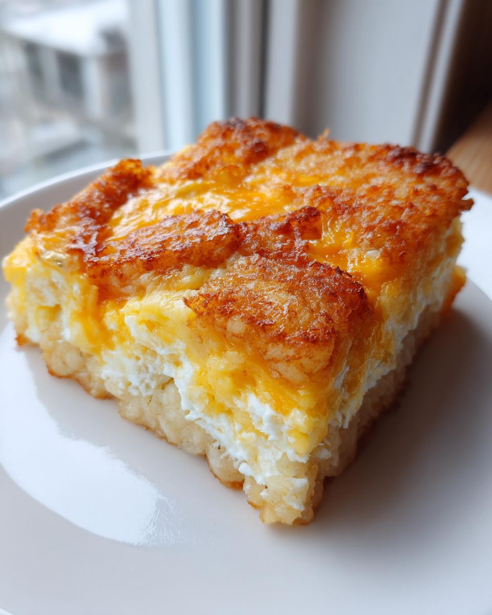 A square slice of tater tot breakfast casserole with a crispy, cheesy top layer served on a white plate.