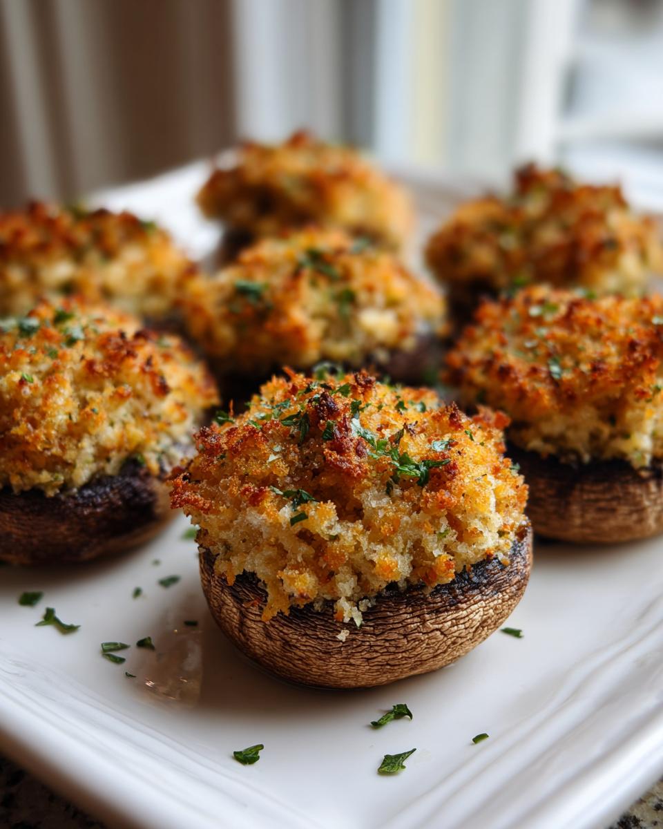 Close-up of several golden brown stuffed mushrooms with crispy breadcrumb topping and fresh parsley.