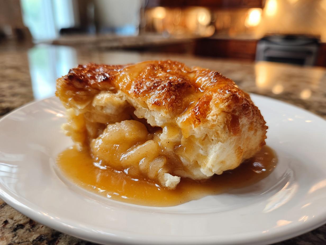 A single serving of a warm apple dumpling, split open to show soft filling, covered in rich caramel sauce.