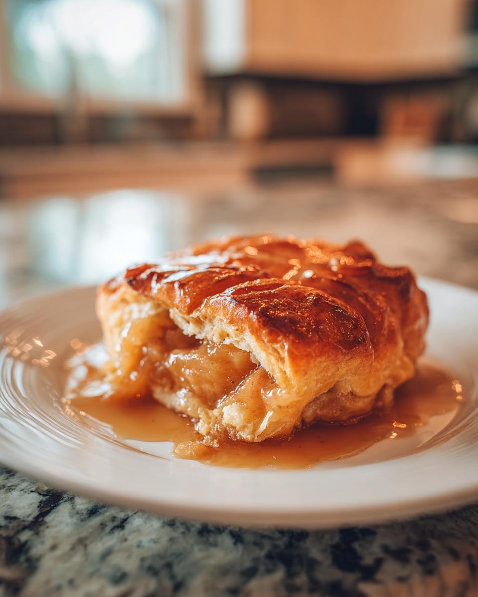 Close-up of a golden-brown, flaky apple dumpling cut open, revealing soft, spiced apple filling and rich caramel sauce.